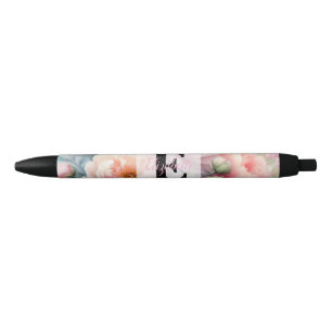 Floral watercolor monogram pink blue peonies pen