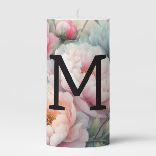 Floral watercolor monogram pink blue peonies pillar candle