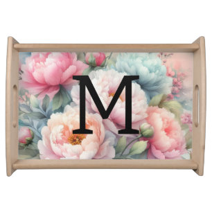 Floral watercolor monogram pink blue peonies serving tray