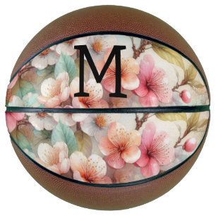 Floral watercolor monogram pink cherry blossoms  basketball