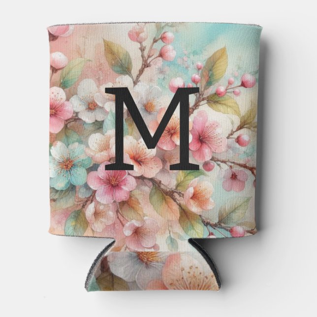Floral watercolor monogram pink cherry blossoms  can cooler (Front)