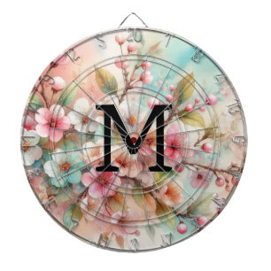 Floral watercolor monogram pink cherry blossoms dart board