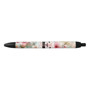 Floral watercolor monogram pink cherry blossoms pen