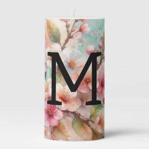 Floral watercolor monogram pink cherry blossoms pillar candle