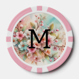 Floral watercolor monogram pink cherry blossoms poker chips