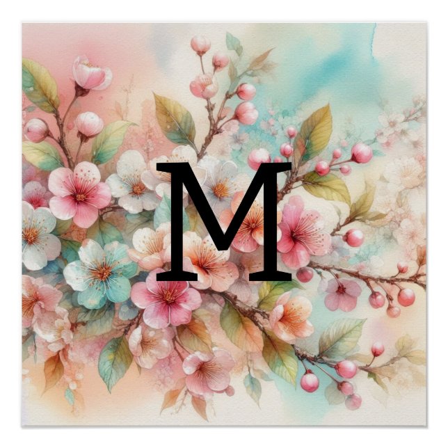 Floral watercolor monogram pink cherry blossoms  poster (Front)
