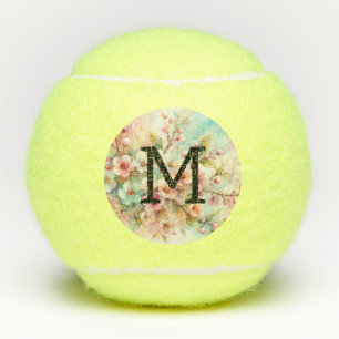 Floral watercolor monogram pink cherry blossoms tennis balls
