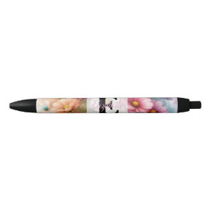Floral watercolor monogram pink daisies flowers  pen