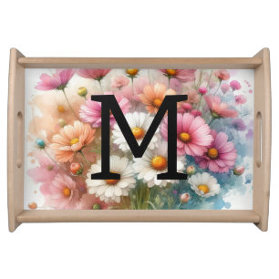 Floral watercolor monogram pink daisies flowers serving tray