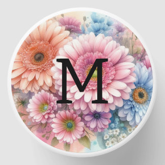 Floral watercolor monogram pink gerbera daisies mini candle favors