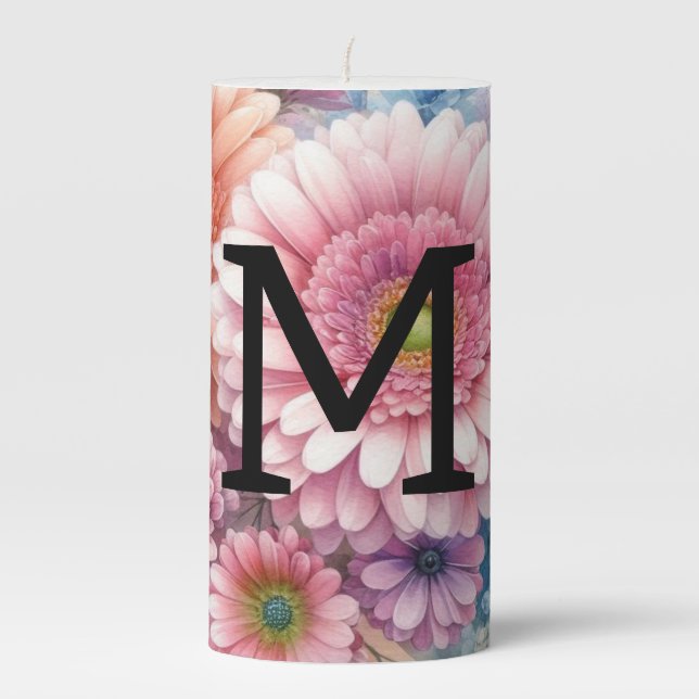 Floral watercolor monogram pink gerbera daisies  pillar candle (Front)