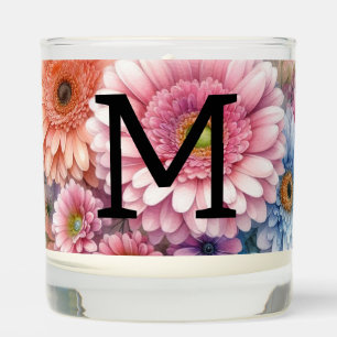 Floral watercolor monogram pink gerbera daisies scented candle