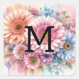 Floral watercolor monogram pink gerbera daisies square sticker