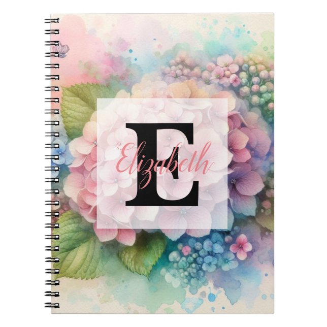 Floral watercolor monogram pink hydrangea  notebook (Front)