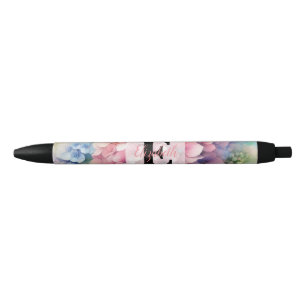 Floral watercolor monogram pink hydrangea pen