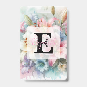Floral watercolor monogram pink lilies flowers badge