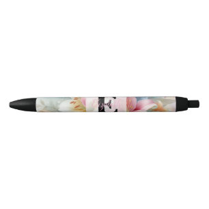 Floral watercolor monogram pink lilies flowers pen