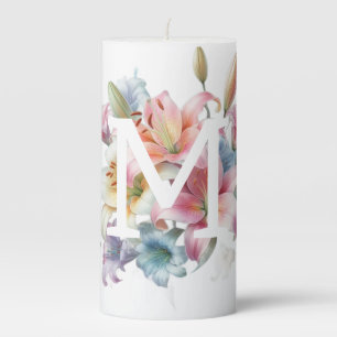Floral watercolor monogram pink lilies flowers pillar candle