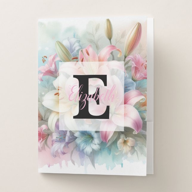 Floral watercolor monogram pink lilies flowers  pocket folder (Front)