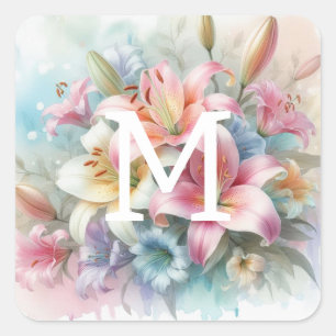 Floral watercolor monogram pink lilies flowers square sticker