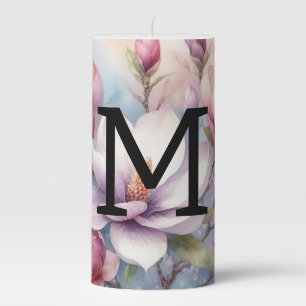Floral watercolor monogram pink magnolia flowers pillar candle