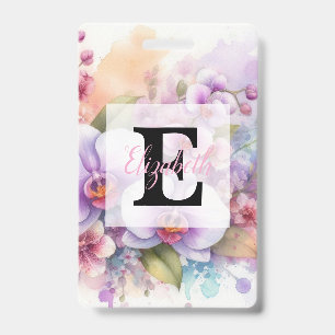 Floral watercolor monogram pink orchid flowers badge
