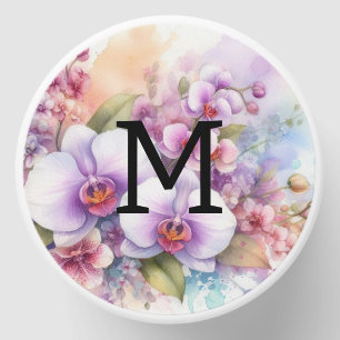Floral watercolor monogram pink orchid flowers mini candle favors