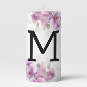 Floral watercolor monogram pink orchid flowers pillar candle