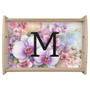Floral watercolor monogram pink orchid flowers serving tray