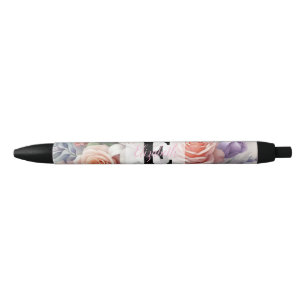 Floral watercolor monogram pink purple flowers pen