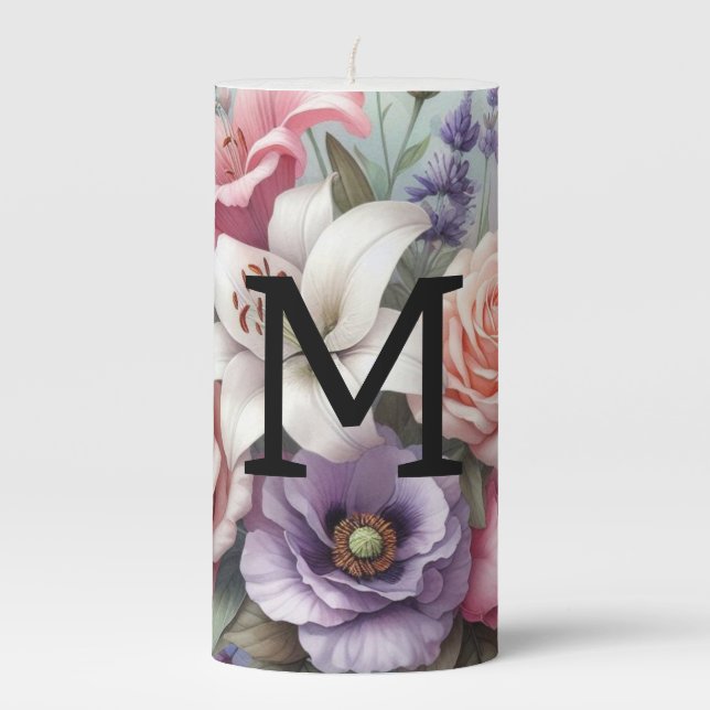 Floral watercolor monogram pink purple flowers  pillar candle (Front)