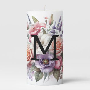 Floral watercolor monogram pink purple flowers pillar candle