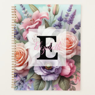 Floral watercolor monogram pink purple flowers planner