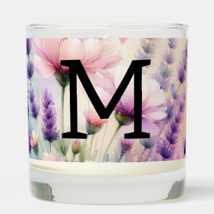 Floral watercolor monogram pink purple lavender scented candle