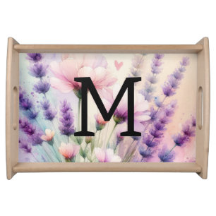 Floral watercolor monogram pink purple lavender serving tray