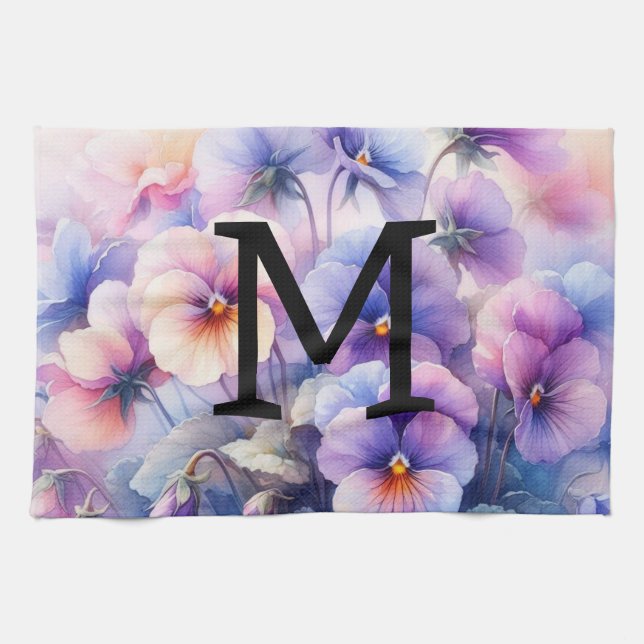 Floral watercolor monogram pink purple pansies  kitchen towel (Horizontal)