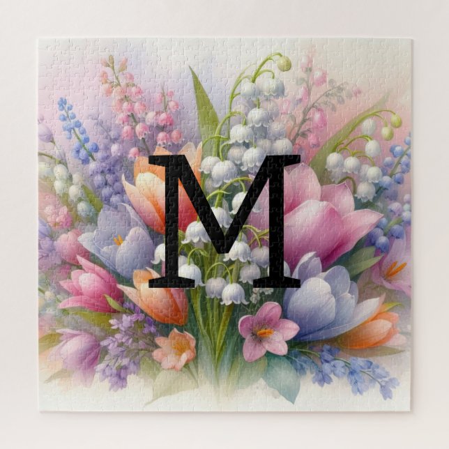 Floral watercolor monogram pink purple tulips  jigsaw puzzle (Vertical)
