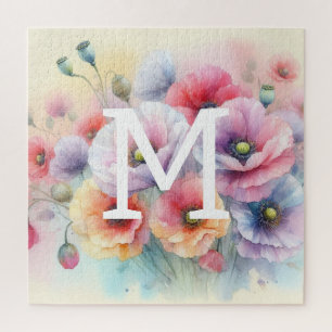 Floral watercolor monogram pink red poppy flowers jigsaw puzzle