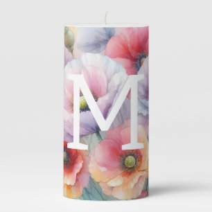 Floral watercolor monogram pink red poppy flowers pillar candle