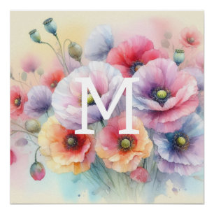 Floral watercolor monogram pink red poppy flowers poster