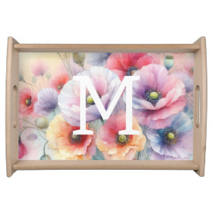 Floral watercolor monogram pink red poppy flowers serving tray