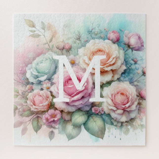 Floral watercolor monogram pink roses flowers  jigsaw puzzle (Vertical)
