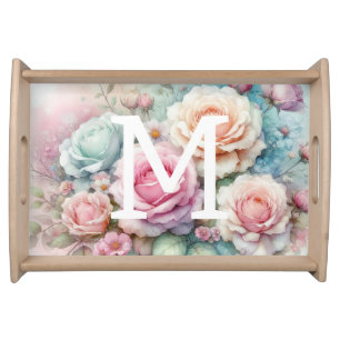 Floral watercolor monogram pink roses flowers  serving tray