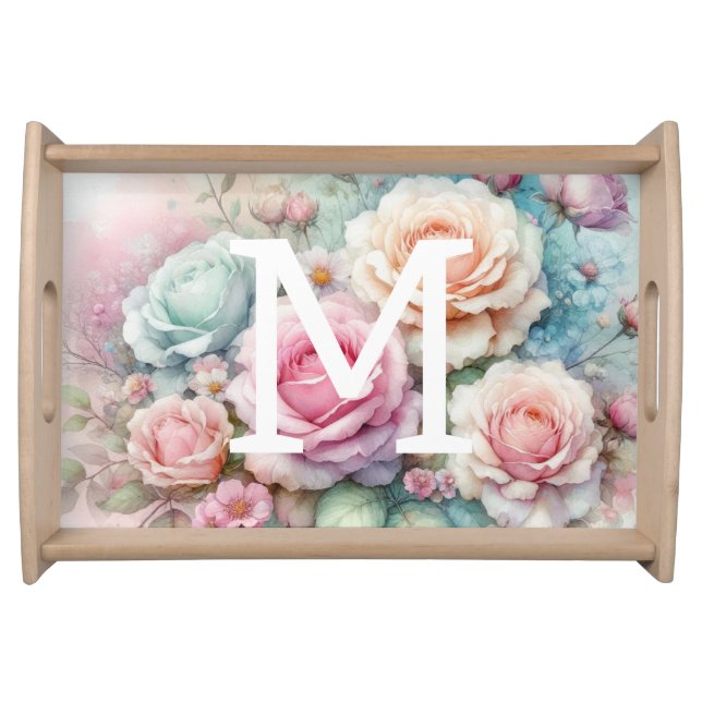 Floral watercolor monogram pink roses flowers  serving tray (Front)