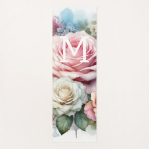 Floral watercolor monogram pink roses flowers  yoga mat