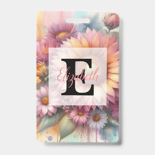 Floral watercolor monogram pink yellow sunflower badge