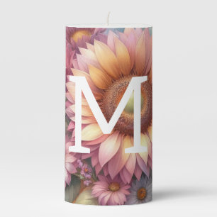 Floral watercolor monogram pink yellow sunflower  pillar candle