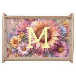 Floral watercolor monogram pink yellow sunflower serving tray