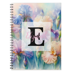 Floral watercolor monogram purple iris flowers notebook