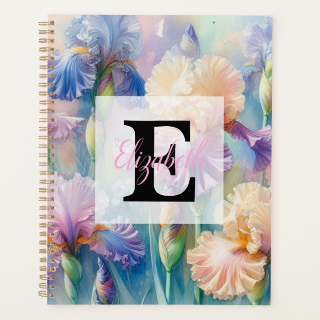 Floral watercolor monogram purple iris flowers planner (Front)